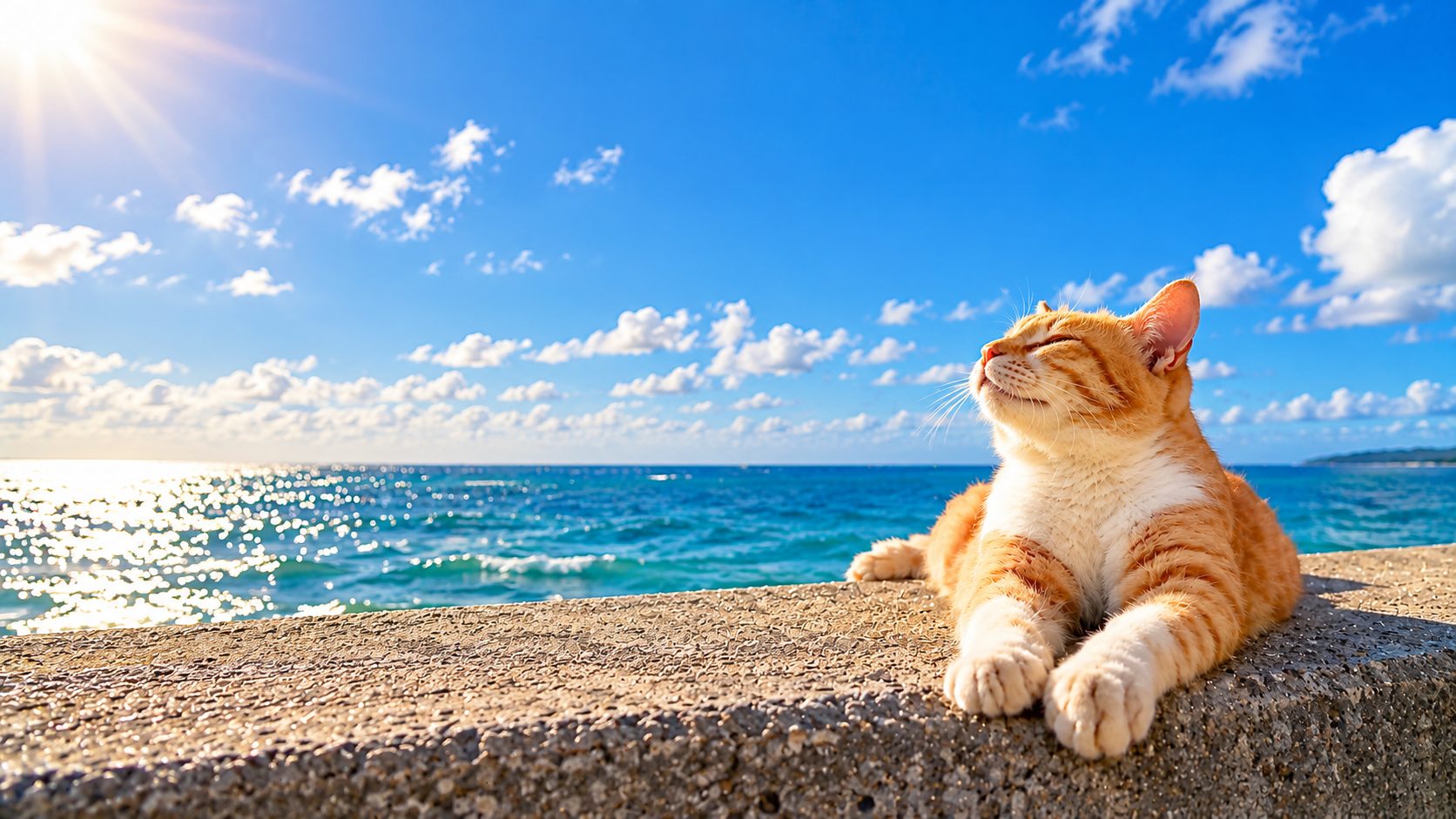 沖縄の海辺で日を浴びる猫